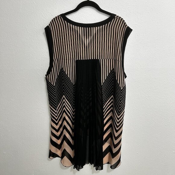 French Blue Sleeveless Tunic Top Chevron Striped Pleated Back Brown Beige Sz 1X - Picture 6 of 12